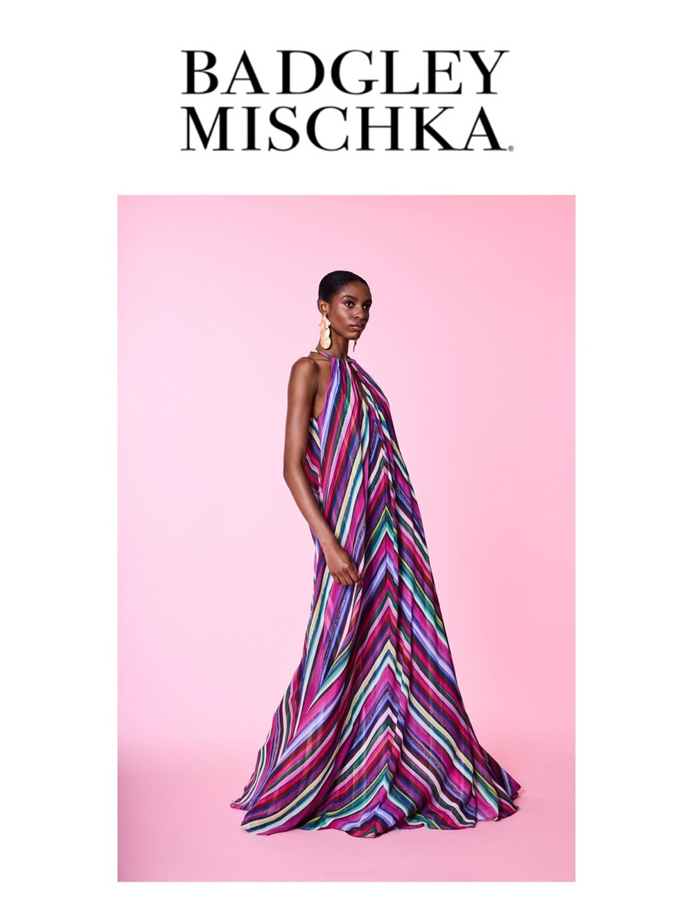 BADGLEY MISCHKA Halter Striped Gown